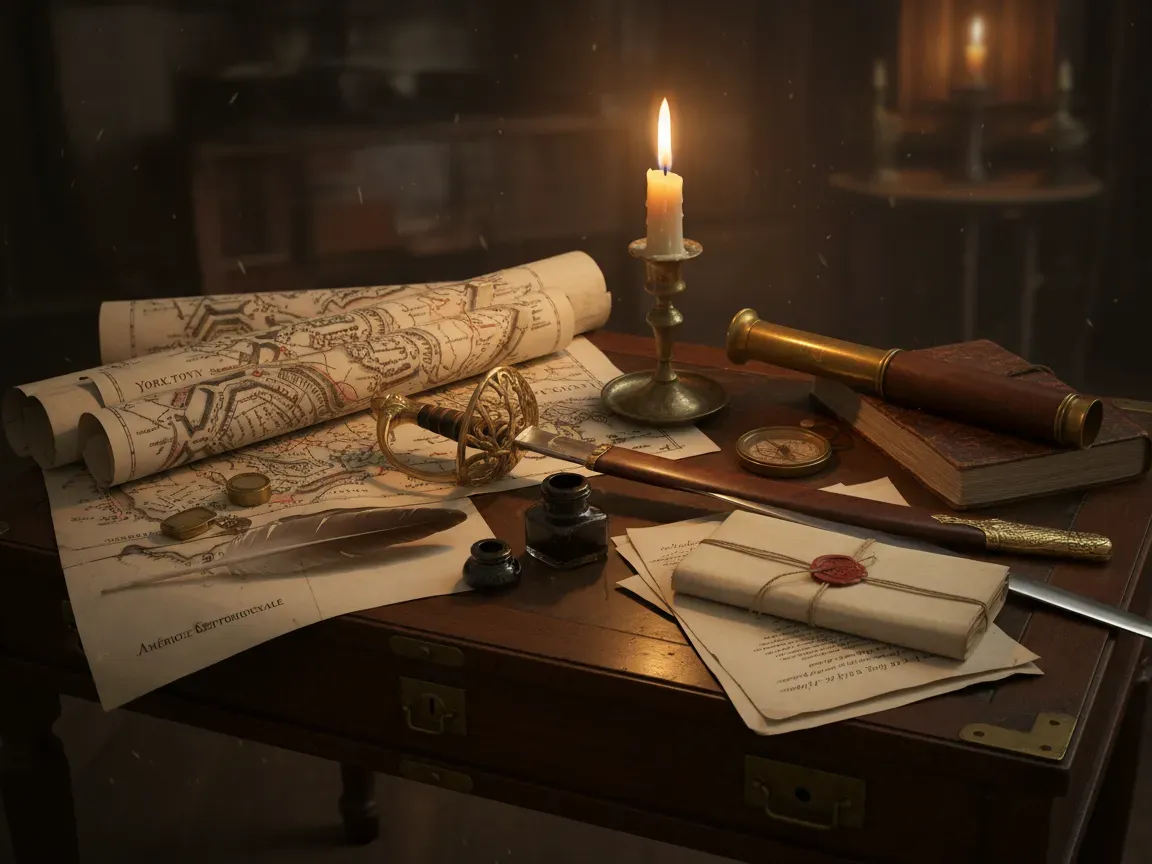Candlelit 18th-century French campaign desk with battle maps, a ceremonial sword, quill, ink, and wax-sealed documents.