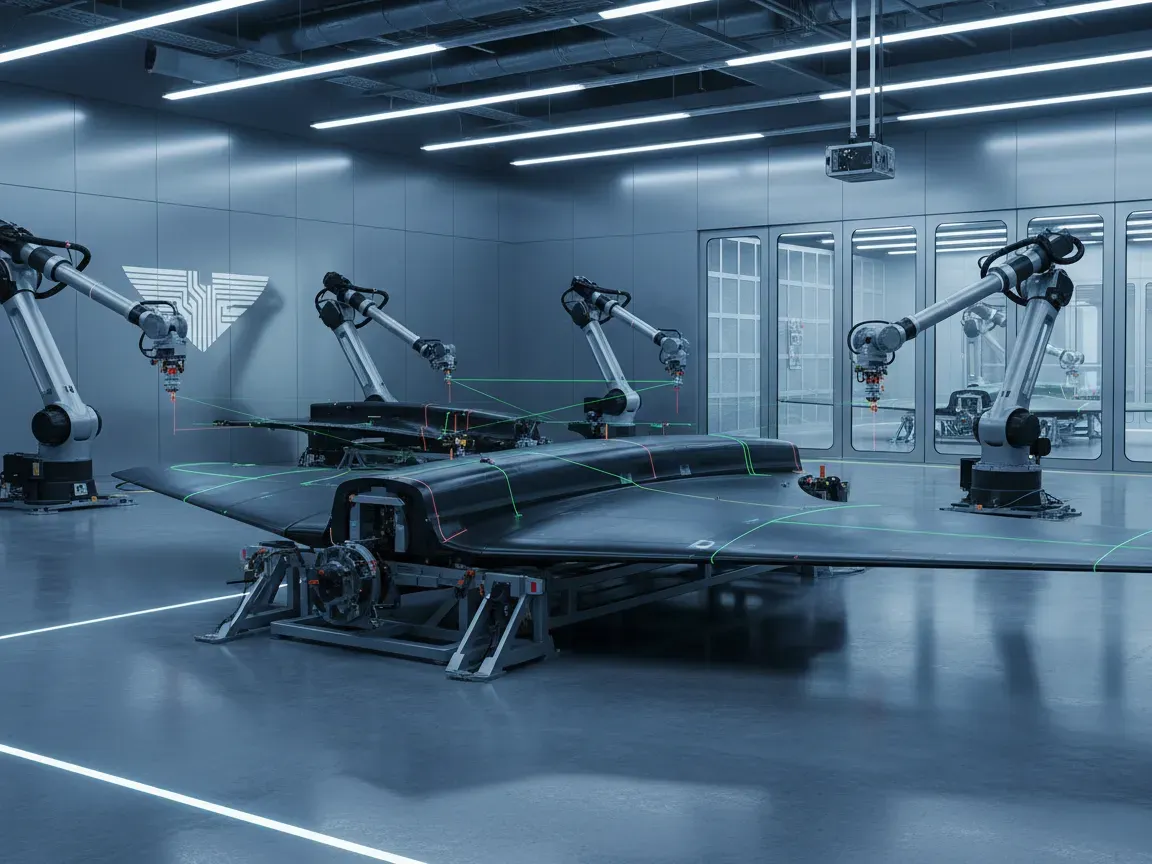Futuristic aerospace manufacturing hangar with robotic arms, laser equipment, and polished floors under dramatic light.